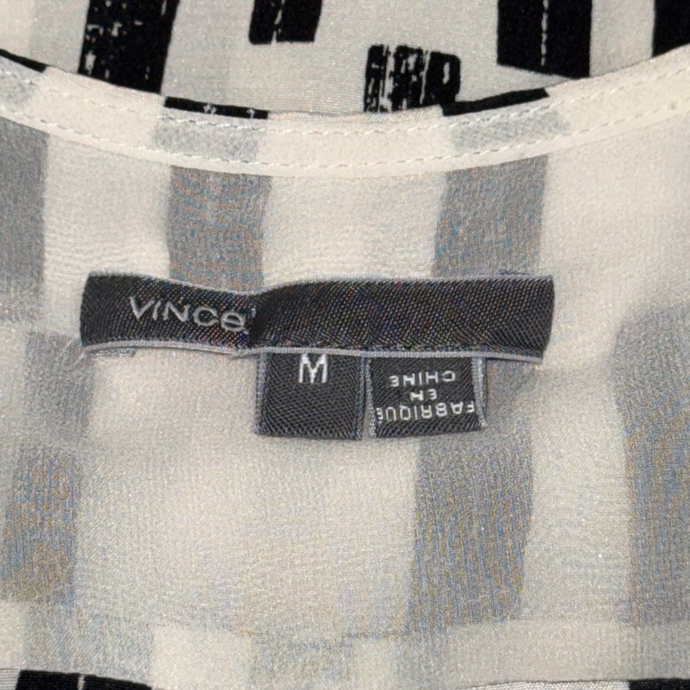 VINCE WOMENS VNECK BLOCK PRINT SLEEVELESS SILK BLOUSE IN BLACK|WHITE-SIZE MEDIUM - Picture 8 of 10
